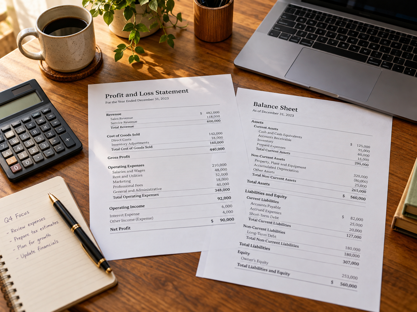 Organized financial reports and balance sheet on a bookkeeping desk