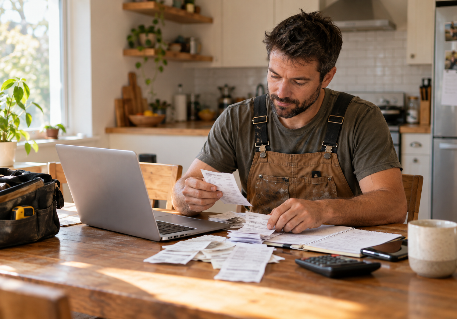 Independent contractor sorting receipts beside a laptop