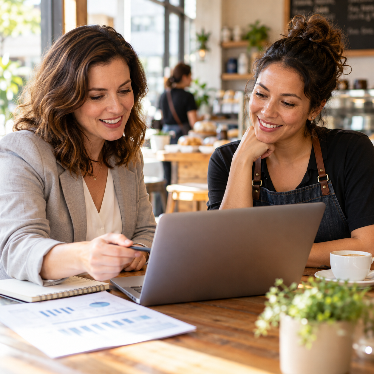 Bookkeeper reviewing financial reports with a small business owner