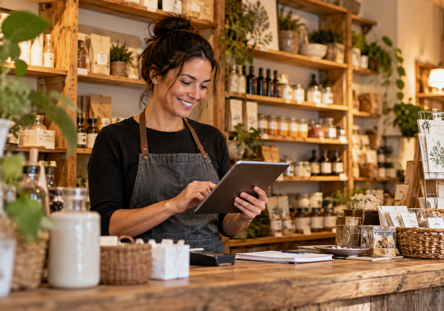 Small business owner checking finances on a tablet in her shop